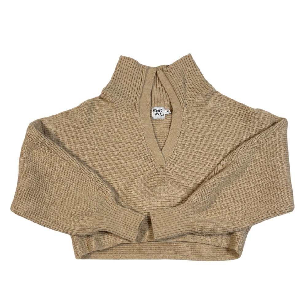 Princess Polly Tan Ribbed Knit Cropped Sweater High Neck V-Cutout XS/S Beige